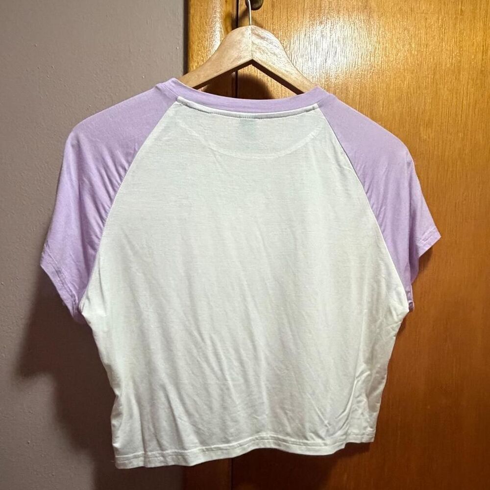 Y2K Baby Tee White and Purple Raglan Short Sleeve Womens Crop-top Flower Power - Picture 4 of 5